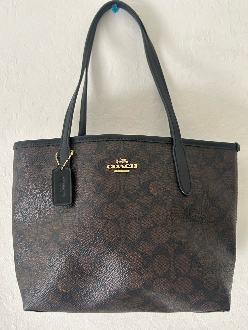 Coach Brown Signature Canvas Tote with Black Handles and Trim